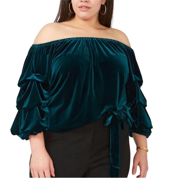 MSK 1X Emerald Velvet Off Shoulder Lantern Sleeve Top Holiday Glam Romantic - Picture 1 of 11